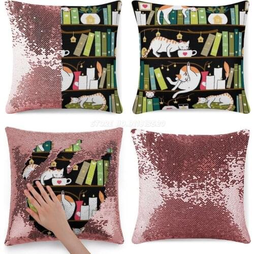 Library Cats-whimsical Cats on The Book Shelves Sequin Pillowcase Glitter Throw Pillow for Party Cafe Home Sofa Pot Plant Vase C