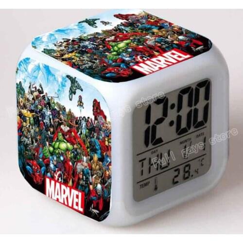 Marvel Alarm Clock Avengers Spiderman Iron Man Colorful Luminous Multifunctional Led Clocks Digital Weather Station Thermometer