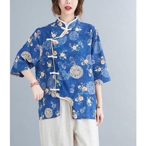 2021 cotton long tops qipao collor cheongsam shirts flower printing vintage loose blouse female traditional chinese clothings