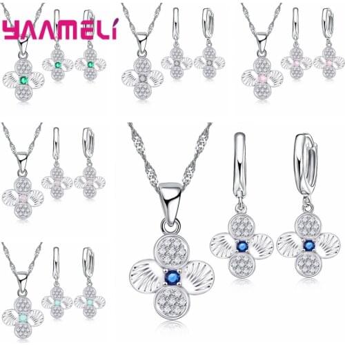 Real 925 Sterling Silver Flower Necklace Earrings Jewelry Set For Women Bridal Big Floral Zircon Crystal Pendant Jewelry Gifts
