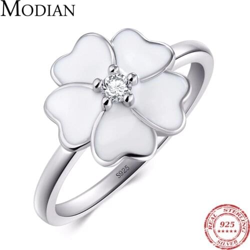 Modian 100% Real 925 sterling silver White Enamel Jewelry Fashion Zirconia Rings Feminine Flower Primrose Stackable Finger Ring