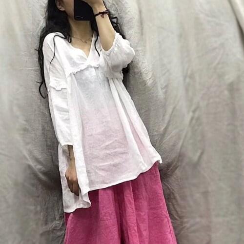 Women Linen V Neck Solid Color Tops Ladies Vintage Summer Flax Blouse Female 2020 Shirt Plus Size Shirts