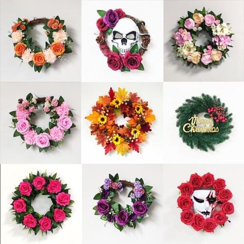 Autumn Door Wreath Artificial Rose Flower Garland Maple Leaves Decorative Wreath For Farmhouse Decor Home Decoration