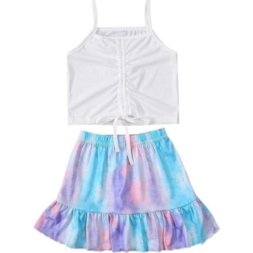 1-6Y Toddler Kids Baby Girl Solid White Drawstring Camisole Tops Tie-dyed A-line Skirt 2PCS Summer Clothes Set