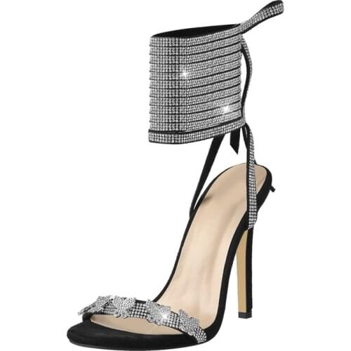 Richealnana Women Open Pointed Toe Shining Rhinestone Ankle Wrap Sandals High Thin Heels Elegant Fshion Summer Shoes Large Size
