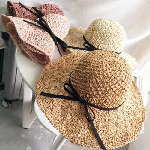 Women Summer Knit Straw Hat Fashion Wide Brim Casual Travel Beach Sun Hat Sunscreen UV Protection Panama Bow Cap