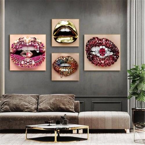 Nordic Modern Gold Lips Sexy Diamonds Shine Women Painting Canvas Art Posters and Prints Wall Canvas Picture for Living Room