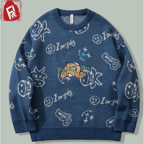Hip Hop Cartoon Doodle Print Embroidery Sweater Men Harajuku Streetwear Casual Knitted Sweaters Autumn Fashion Hipster Pullovers