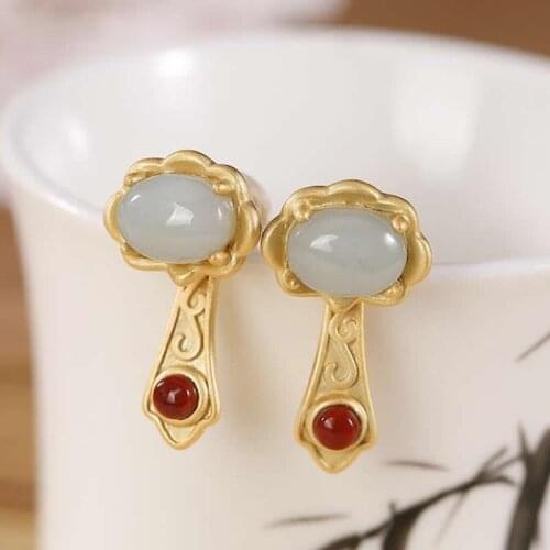 100% Natural White Jadeite Earrings Women S925 Silver Red Agate Ruyi Stud Earrings
