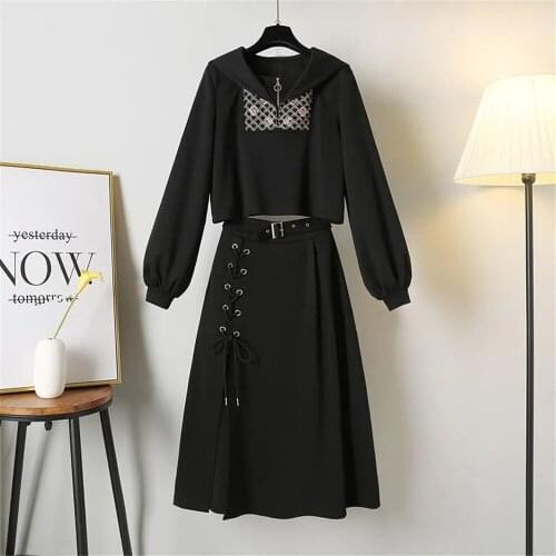 Gothic Black 2pcs Suit Navy Collar Floral Embroidered Shirt Pullover Lace-Up Slit High Waist Skirt With Belt Women Autumn Set