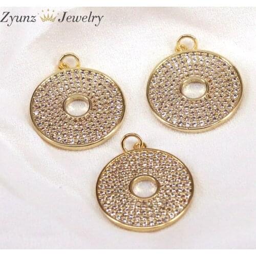 10PCS, DIY Jewelry Making for Necklace Full Disco CZ Micro Pave Fashion Round Coin Charms Pendants Gold Color Crystal Pendants