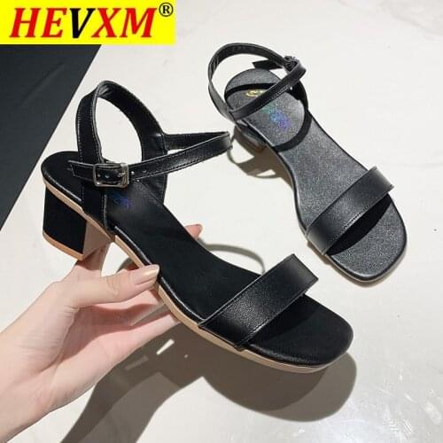 4.5CM Solid Leather Sandals Women Elegant Shoes OL Work Med-High Heels Flipflops Ladies Open Toe Sandalias Beach Slides Sandales