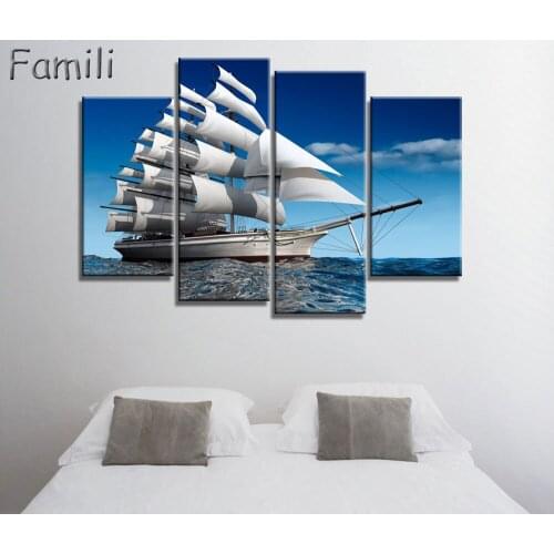 4Pcs Antique Sailing Boat Seaview Picture Painting Home Decorative Art Landscape Print On Canvas Oil Painting Posters
