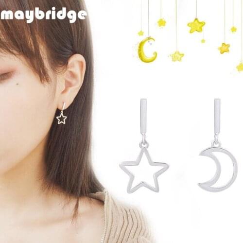 EM112 European Style Lovely Earring Hollow Star Moon Asymmetric Drop Earring Women Girl 30% Silver Plated Jewelry Wholesale
