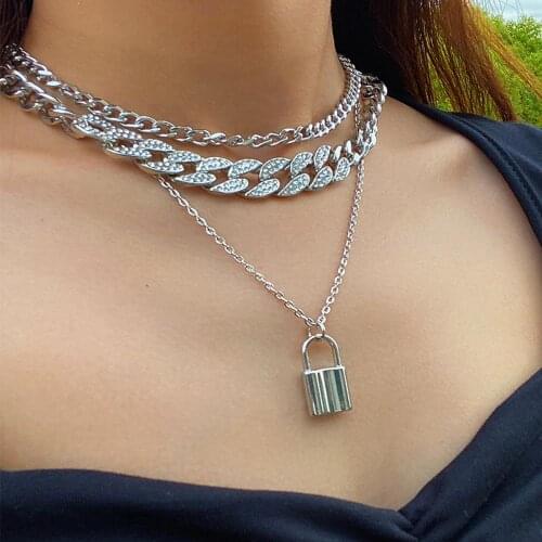 Korea Fashion Lock Pendant Necklace for Women Vintage Thick Chunky Chain Choker Multilayer crystal Necklaces fresh Jewelry Gifts
