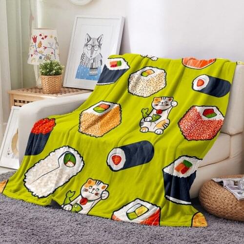 Sushi/Lucky Cat 3D Print Flannel Blanket Japan Sign Food Fleece Blanket Home Textile Throw Blanket Picnic Travel Fluffy Blanket