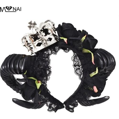 Restyle Gothic Large Black Evil Horns Roses Gothic Hair Headpiece Crown Headband Lolita Veil Sheep Horn Hair Accessories Punk