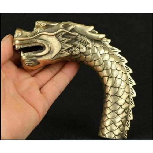 Chinese Old Handmade Bronze Carved Dragon Collect Statue Walking Stick Head