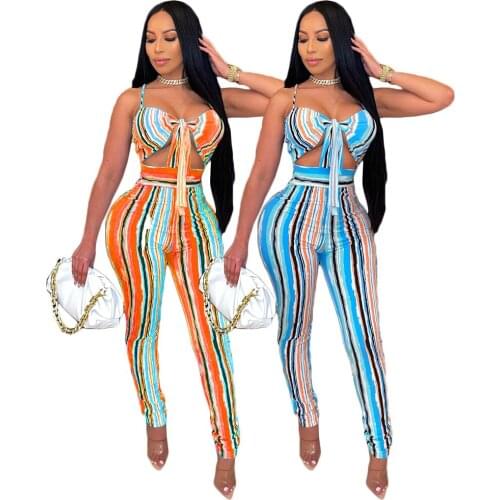 Colorful Striped Printed Holiday Party 2 Piece Set Womens Outfits Sleevless Crop Top Tee And High Waist Skinny Pencil Pants