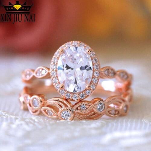 2 colors 2pc/ set Couple Alliance Paired Ring Set Women Wedding Band Hollow Zircon Oval Rose Gold Color Female Finger Ring Party