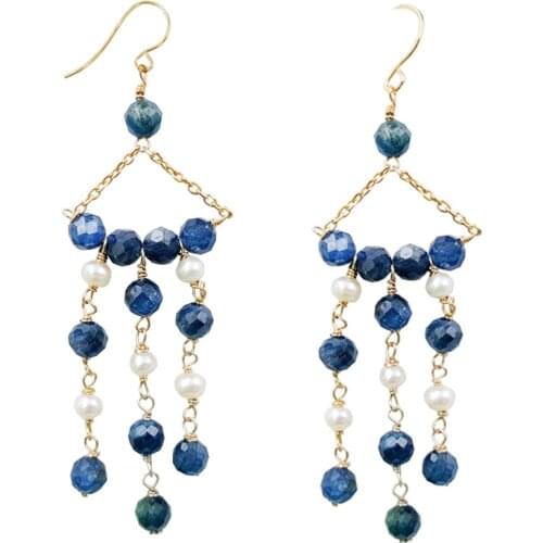LiiJi Unique Natural stone Heating Kyanite,Pearl 925 Sterling Silver Gold Color Vintage Style Long Drop Tassel Earring