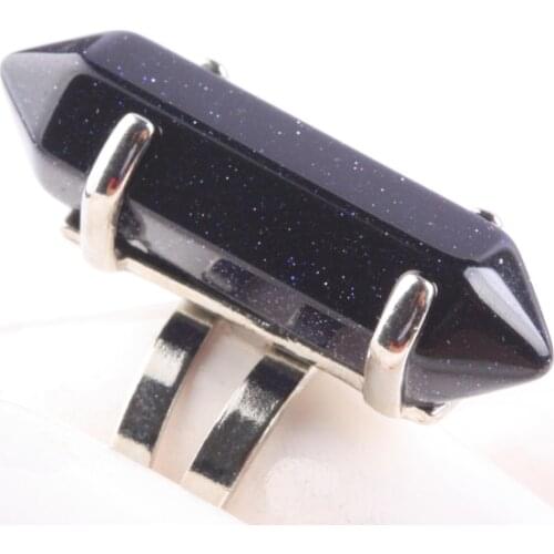 TUMBEELLUWA Blue Sand Gem Stone Healing Chakra Hexagon Prism Beads Adjustable Finger Ring US 8 Chic Men Gift