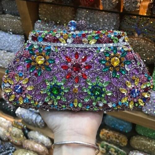 Female Wedding Party gold/silver/purple crystal diamond Flower Evening bag Clutches Bags Bridal Metal Purses Handbags Dinner Bag