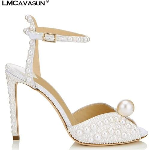 LMCAVASUN Genuine Leather Women Sandals manual Customized Pearl Fish Mouth High Heels Bridal Pumps Wedding Shoes sandalias