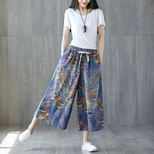 Women Wide Leg Thin Denim Pants Elastic Waist Printing Floral cowboy Trousers Plus Size Baggy High Waist Straight Jeans YT617