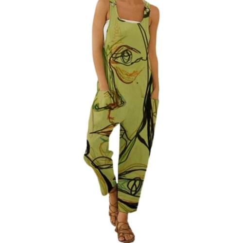 Ladies Jumpsuit 2021 Summer Casual Jumpsuit Abstract Face Print Loose Playsuit Women Sleeveless Casual Romper for Shopping