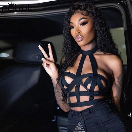 FQLWL Summer Streetwear Sexy Halter Crop Top Women Black Hollow Out Backless Tops Female Fashion Elastic Casual Party Tops 2021
