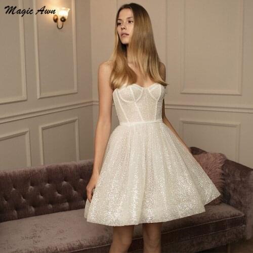 Magic Awn Shiny Sweetheart Short Wedding Dresses 2021 Sleeveless Illusion A-Line Vintage Glitter Bridal Gowns Vestidos De Novia