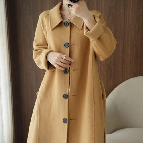 Vintage 2021 Autumn 100% Wool Coat Women Elegant Double Sided Woolen Trench Coat Ladies Long Outwear Belt Fall Clothes WPY4029