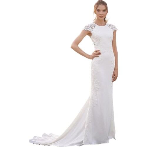 2021 Boho Wedding Dress Capped Sleeves Open Back Lace Applique Bridal Gowns Custom Made Sweep Train A Line Dress Robe De Mariee