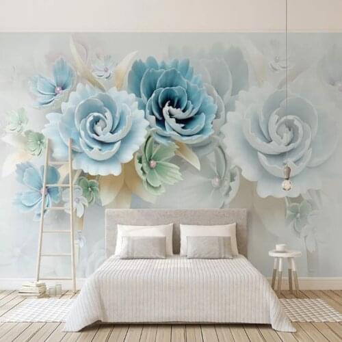 Custom papel de parede 3d, embossed flowers blue murals for living room bedroom background home decoration waterproof wallpaper