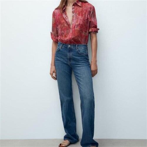 MESTTRAF Women 2021 Fashion Print Loose Asymmetry Blouses Vintage Long Sleeve Button-up Pocket Shirts Streetwear