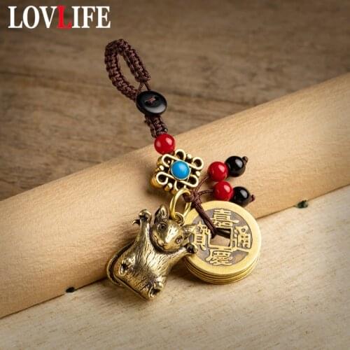 Pure Brass Cute Rat Car Key Chain Pendants Handmade Woven Rope Ancient Chinese Five Emperors Coins Lucky Feng Shui Hanging Gift