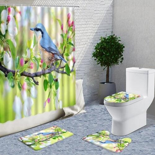 Flower Branch Bird Shower Curtains Sets Landscape Bathroom Decor Curtain And Toilet Floor Mat Anti Slip Carpet Rugs U Shaped Pad