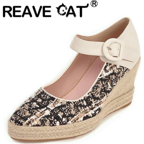REAVE CAT 2021 Espadrilles Patchwork Pump Cloth Cover Heel Belt Buckle Braided Wedge Pointed Toe 8cm Size US13 Green Black A4178