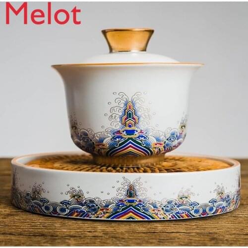 Ceramic Enamel Painted Cover Bowl Large Sancai Tea Bowl Saucer Teacup Pot Chengbai Porcelain Kungfu Tea Set Chinese Gaiwan