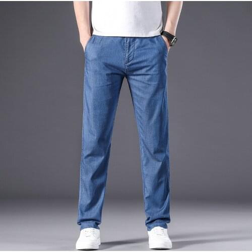 Tencel Summer Thin Jeans for Man Business Straight Stretch Baggy Denim Jeans Pant Men Black Blue Clothing 2021