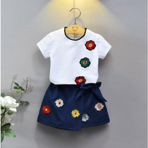 Girls Summer Suit Kids Baby Girls Sets Embroidery Flowers Clothes Children Fashion Cotton Trench T-Shirt + Pants Two-Piece Sets