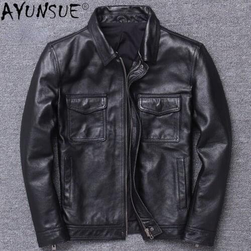 AYUNSUE Real Cow Leather Jacket Men Short Motorcycle Coat Streetwear Biker Coats Autumn Vintage Mens Clothing Chaquetas WPY4127