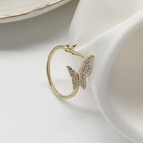 Charming Big Small Butterfly Gold Opening Ring Exquisite Ladies Wedding Party Crystal Zircon Ring Sweet Girl Jewelry Gift