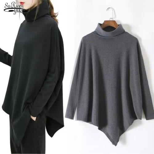 Autumn Winter New 2021 Long Sleeve Shirt Women Basic Tee Shirt Oversize Irregular Shirt Women Casual Turtleneck Women Top 17241