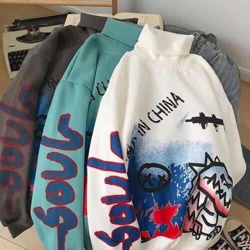 Autumn Winter Mens Hip-hop Sweatshirt Fashion Printing Korean Loose Round Neck Pullover Plus Velvet Long-sleeved Tops