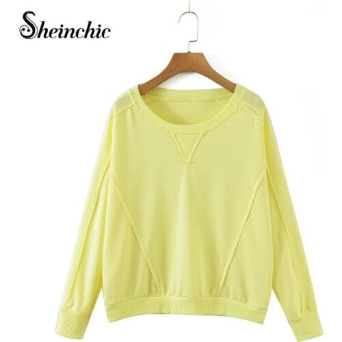 Casual Spring Autumn Clothes for Women 2021 Yellow O-neck Long Sleeve Sweatshirts Mujer Loose Pull Femme