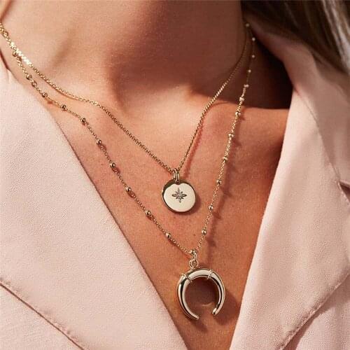 Pri Jin Special Supply Women Jewelry Bull Horn Pentagon Star Point Alloy Necklace Multi-layer Popular Jewelry Manufacturers Spot