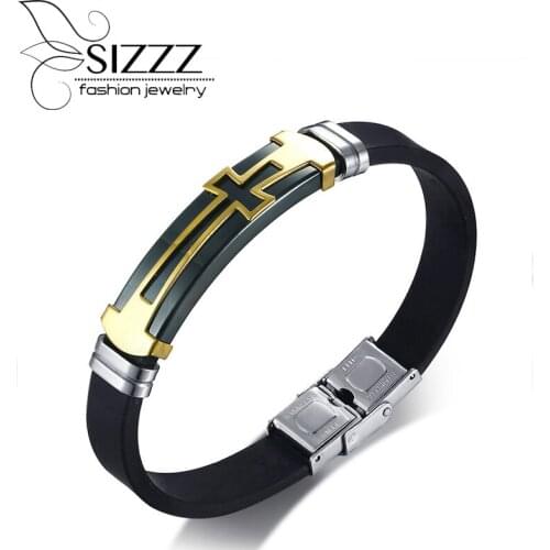 SIZZZ 2017 Fashion Gold Black Cross Silicone Bracelet Titanium Steel Cross Bracelet&Bangles For Men