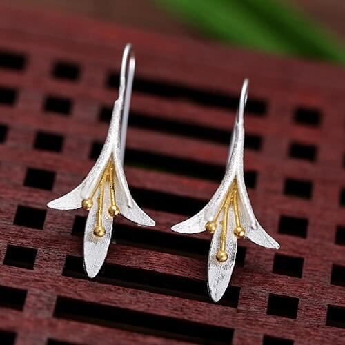 BUDROVKY s925 Sterling Silver Earrings Fashion Cute Long Petal Earrings Retro Earrings Exaggerated Handmade Silver Jewelry